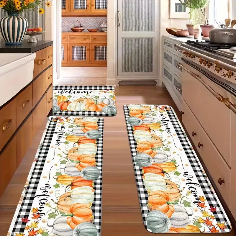 VIKAMA Fall Kitchen Mat Set Buffalo Plaid Pumpkin Maple Leaf Print Non Slip Waterproof Floor Rug Autumn Harvest Home Decor