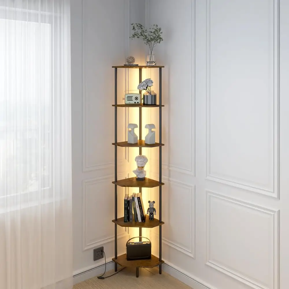 

6 Tier Corner Shelf With Led Light,Tall Standing Shelf Organizer,Narrow Bookshelf,The Classic Combination Of Rustic Brown And