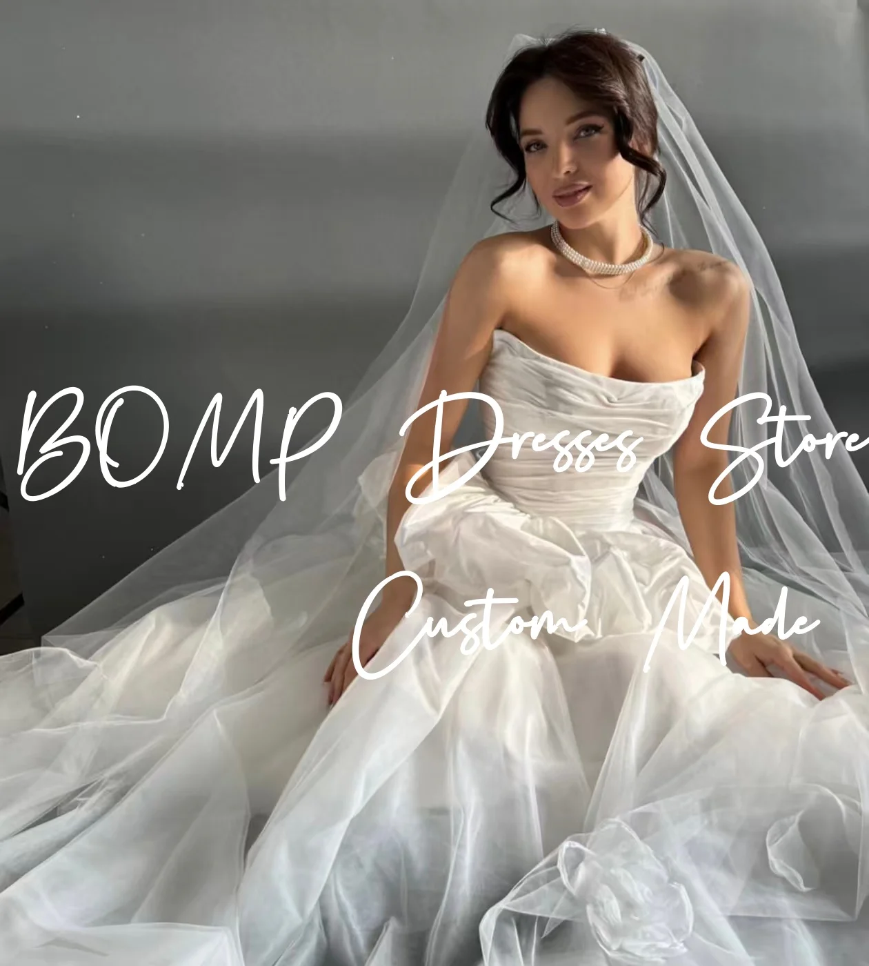 Elegancka suknia ślubna BOMP z plisami, bez ramiączek, gorsetowa, warstwowa, drapowana, z trenem typu sweep, biała tiulowa suknia ślubna, szyta na miarę, Vestido de novia