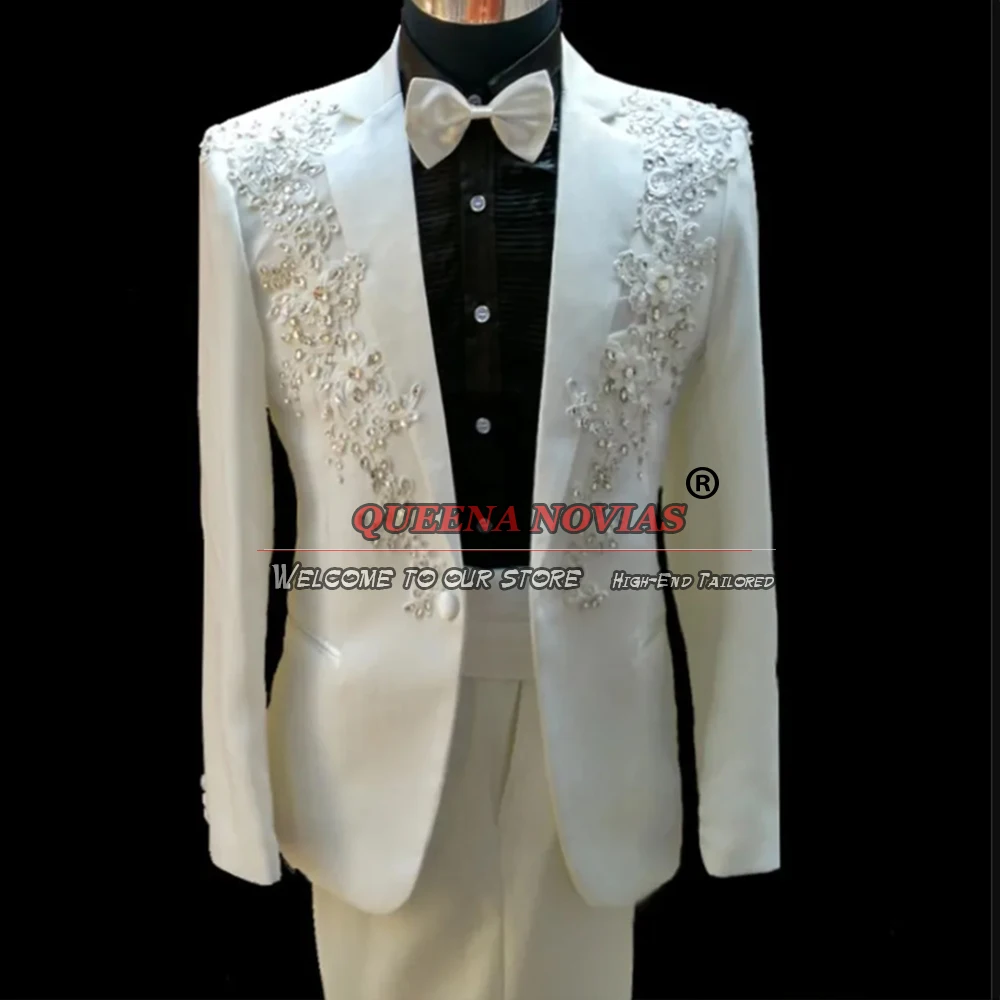 Ropa de novio para hombre, traje de boda con apliques de marfil, abrigo con cuentas, pantalones, último diseño, 2 piezas, esmoquin de talla grande, ropa de banquete