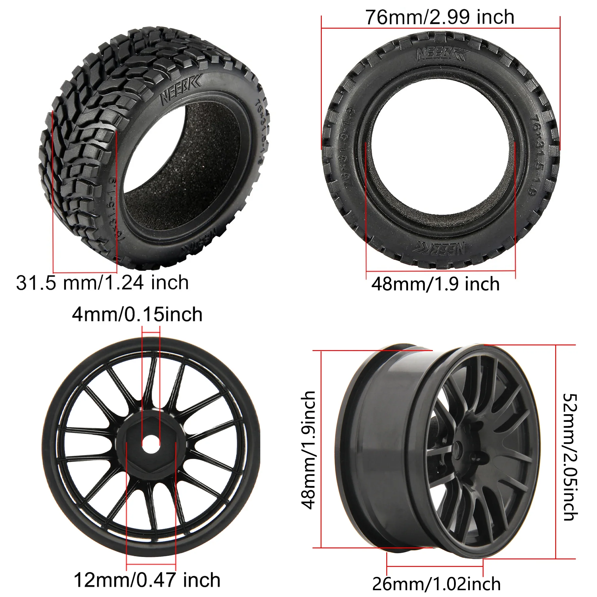 NEEBRC 12mm Hex Hubs 1.9Inch 75mm Off Road Buggy Tires Wheel Rubber for RC 1/14 1/16 1/10 Car Wltoys 144001 Scx10 Traxxas Parts