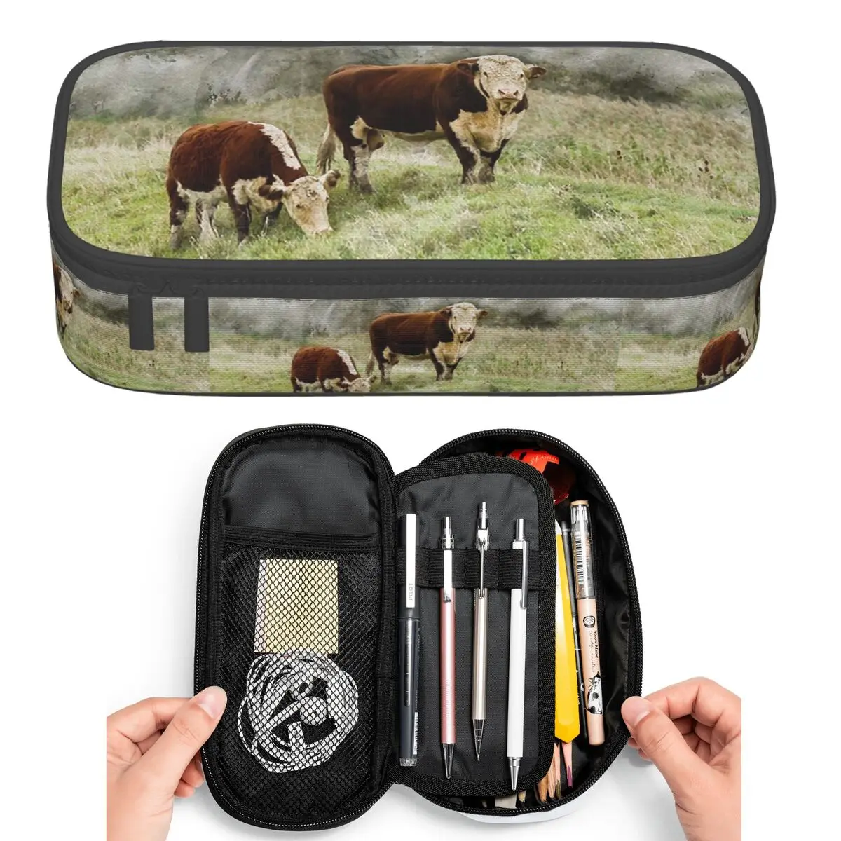 Estojos de lápis com fotografia em aquarela de touros e vacas de Hereford, para estudantes, caixa de canetas, bolsa de lápis, bolsa de lápis de grande capacidade, porta-canetas