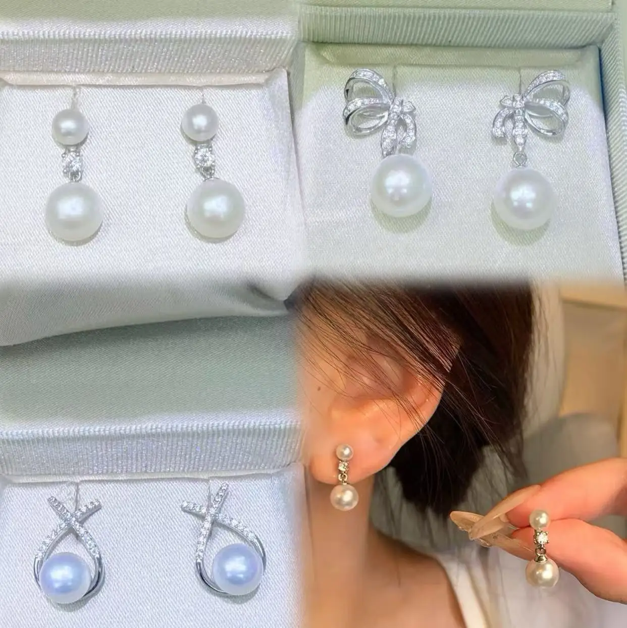 Gorgeous Earrings AAAA5-9mm Double Pearl Pure Silver Earrings, Double Fish Tail Style, Floral Style, Natural Pearl 925s