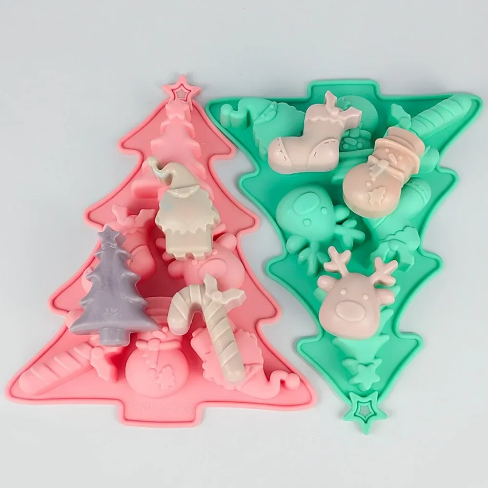 Christmas Tree Shape Chocolate Baking Set 3D Snowman Elk Candy Cane Biscuit Jelly Silicone Mould Ice Tray Soap Candle Decor Gift