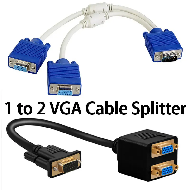 

1 to 2 VGA Cable Splitter 15 Pin VGA Male to VGA Female Two Ports Cable Adapter VGA Monitor Splitter