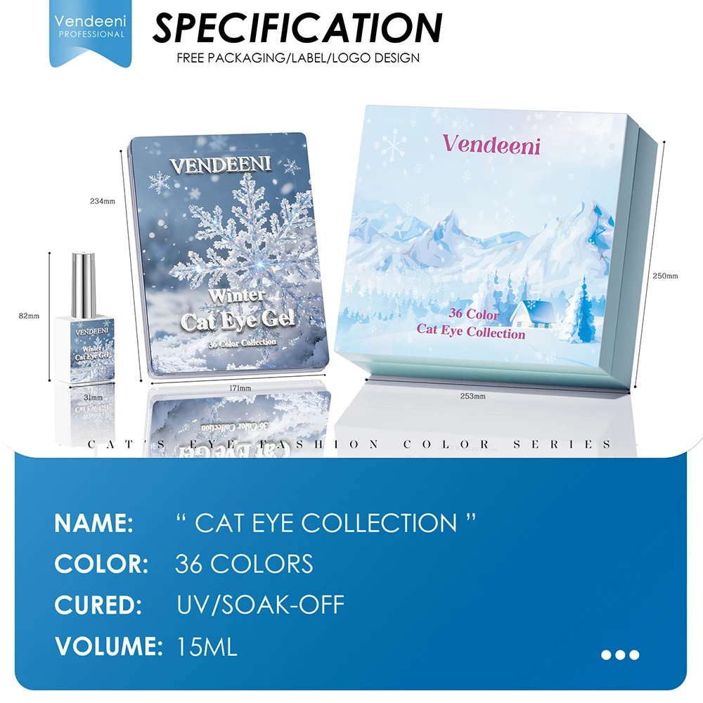 Vendeeni 36 Colors/set Blue White Ice Crystal Cat Eye Gel Nail Polish Winter Glitter Magnetic Gel Nail Varnish With Color Card