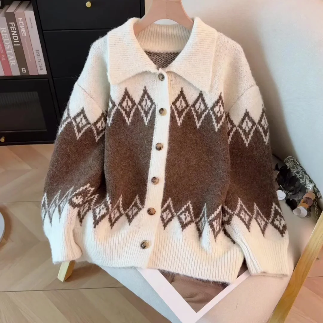 Women's Brown Cardigan 2000s Vintage Korean Style Jumper Knit Long Sleeves Polo-Neck Checked Cashmere Sweater For Women Winter