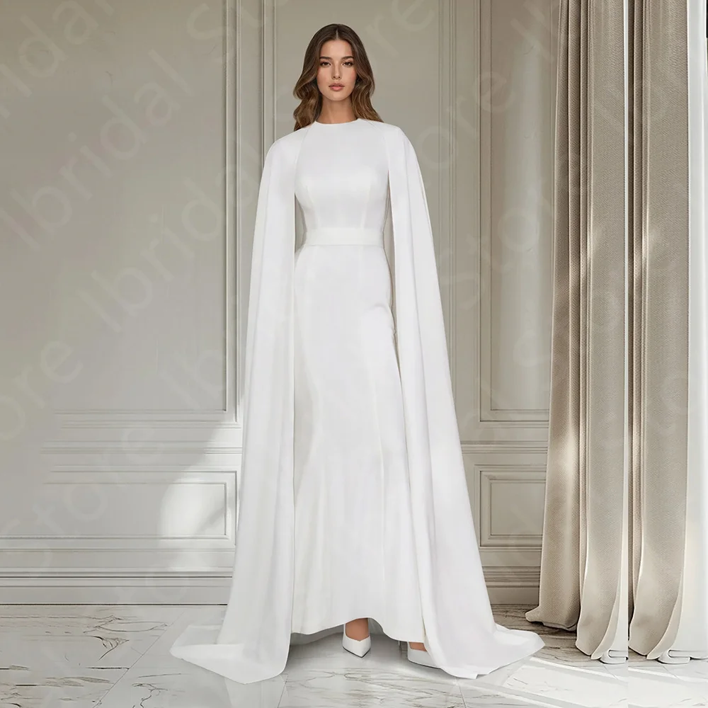 

Customized Holy White Evening Dresses Arabic 2024 Prom Gowns with Cape Mermaid Wedding Guest Dresses Round Neck Sweep Train