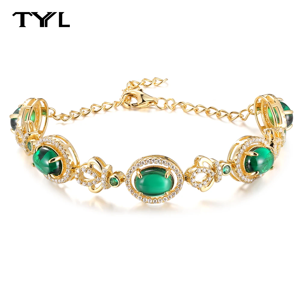 

TYYL Luxury Created Emerald Bracelet For Women Vintage 925 Silver Moissanite Crown Flower Chain Party Wedding Party Jewelry Gift