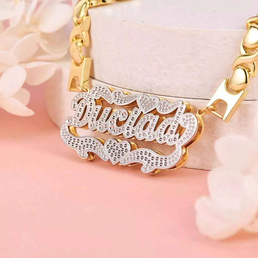 Imagem -03 - Personalizado Nome da Placa de Identificação Colar de Dois Tons Pingente Colar Personalizado 3d 18k Banhado a Ouro Gargantilha Dupla para Mulher