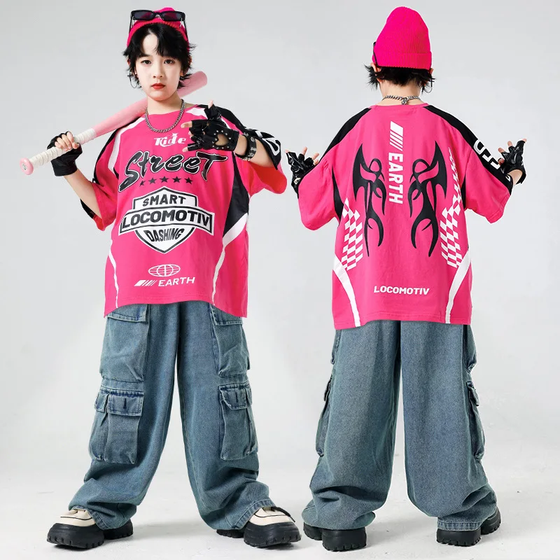 

Children's Street Dance Performance Outfit Boys' Hip Hop Denim Clothing Set Breathable Polyester Fiber round Ne Print Design