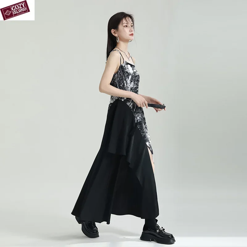 Women Sexy Strappy Black Dresses Suspender Irregular Clothes Summer Sling Tanks Splicing Print High-end Camis Streetwear Tops