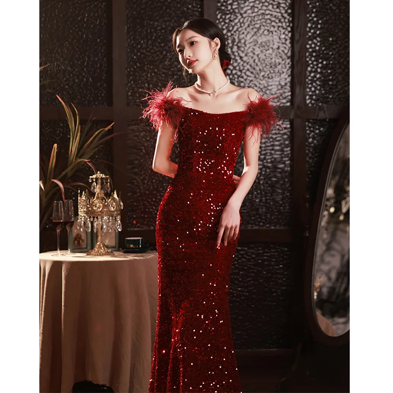 Sequins Fishtail Evening Party Dress Women Temperament Banquet Burgundy Elegant Off Shoulder Mermaid Celebrity Chinese Prom Dres