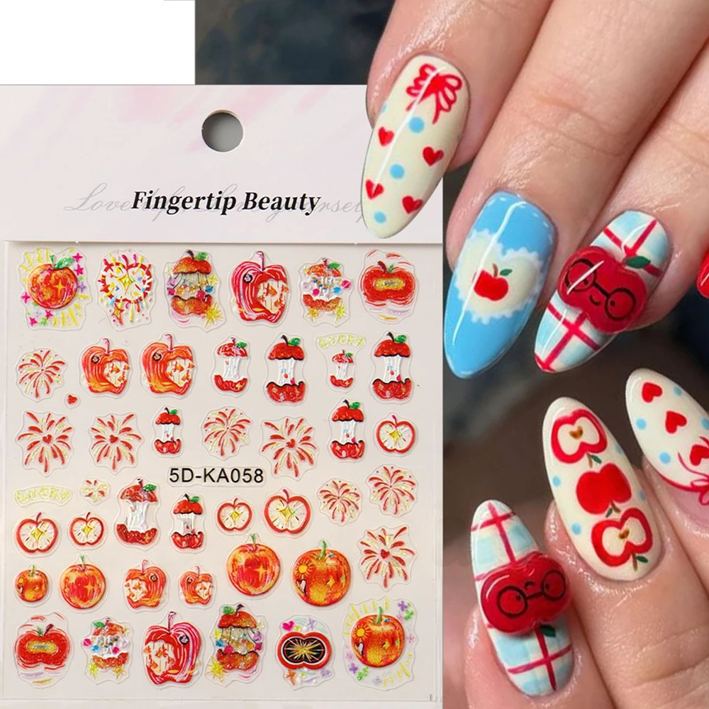 1 Vel 5D Reliëf Bite Apple Vuurwerk Apple Core Nail Sticker Kleurrijke Glitter Apple Nail Slider DIY Rode manicure Decal