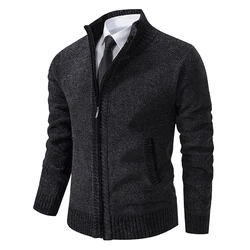 Autumn Winter Knitted Jackets Men Slim Sweatercoat Stand Collar Business Casual Zipper Knitting Solid Outerwear Coat Man Jacket