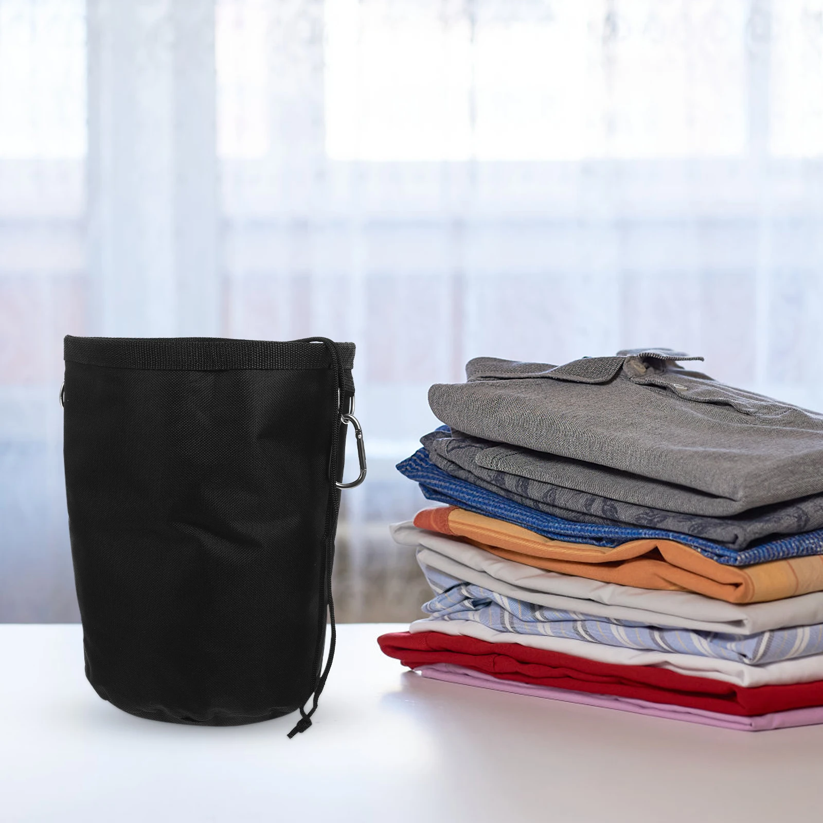 

Portable Clothespin Peg Bag Double Buckle Oxford Drawstring Rope Hook Black Large Opening Washable Multi Functional Storage