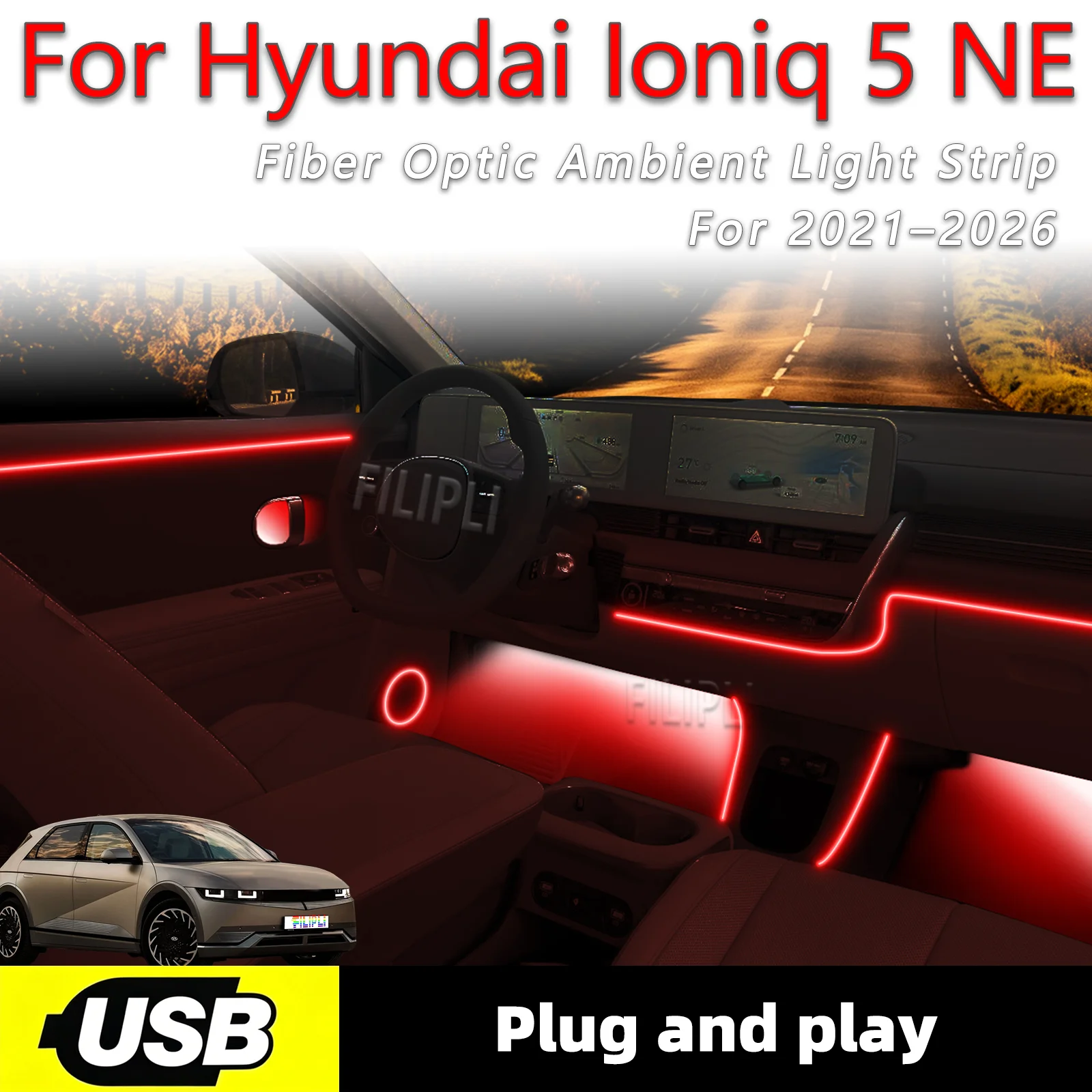 

Для Hyundai Ioniq 5 NE 2021-2026: Комплект из 6 светодиодных лент для внутренней подсветки салона с USB-интерфейсом, нарезаемые, для создания атмосферы