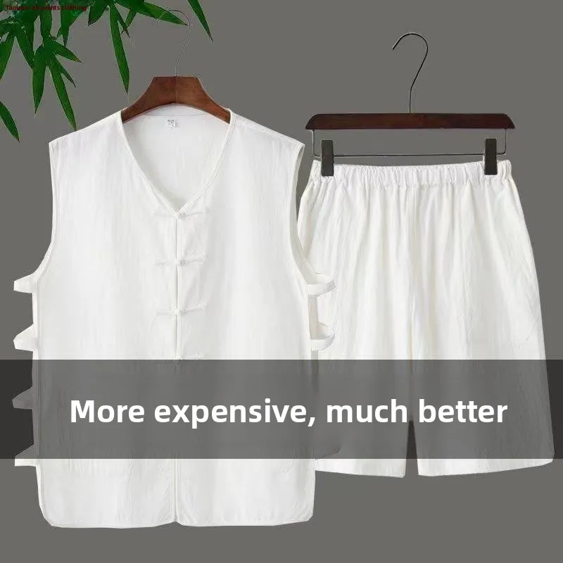 

Summer Thin Cotton Linen Chinese Sle Vest Tank Top orts Set Svel Han irt Retro Mauka Men's Casual Sportswear
