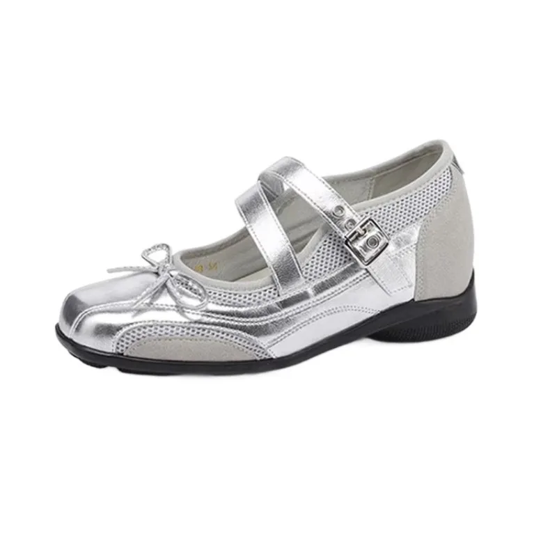 

High Quality Sheepskin Version~inner Height Increase 6cm Mary Jane Shoe 2026 New Women's Shoes Leather Shoes Silver Single Shoes