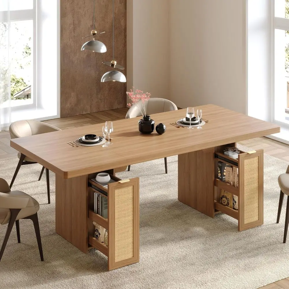 

78.7" armhouse Dining Table or 6-8 People, Extra Thick Wood Top with 2 Hidden Adjustable Storage Ders, ern Woven Rattan Table or