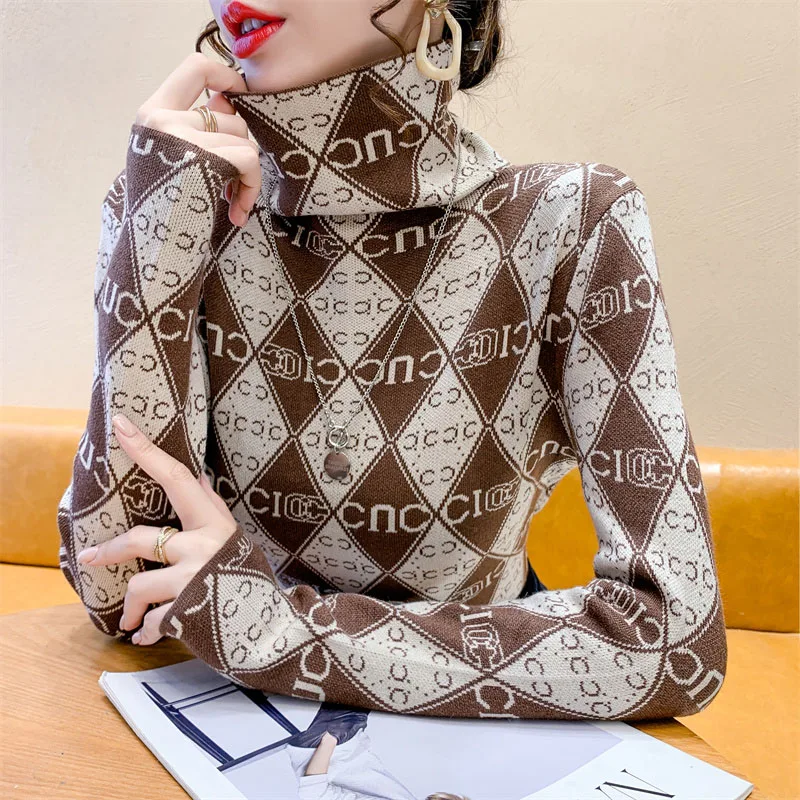 Women Elegant Fashion Letter Color Blocking Jumpers Top 2024 Spring New Turtleneck Slim All-match Knitting Sweater Lady Pullover