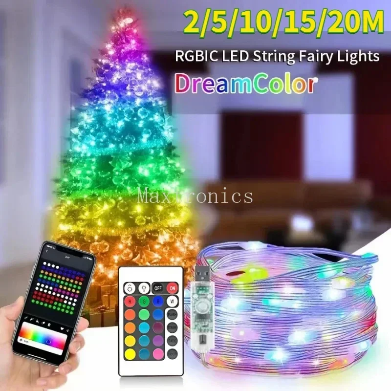 Dreamcolor-Guirxiété lumineuse LED RVB dégradée, USB, Bluetooth, guirxiété intelligente, fête de mariage, décoration d'arbre de Noël, 2m, 5m, 10m