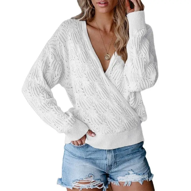 レディースニットロングスリーブホロートップセーター カラーカジュアルスリーブ 春ファッション 快適フィット オーバーヘッドセーター