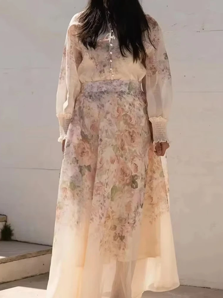 

Элегантные комплекты с длинной юбкой, женская модная тонкая рубашка с цветочным принтом + юбка трапециевидной формы с высокой талией, новинка 2025, весенний праздничный комплект из двух предметов