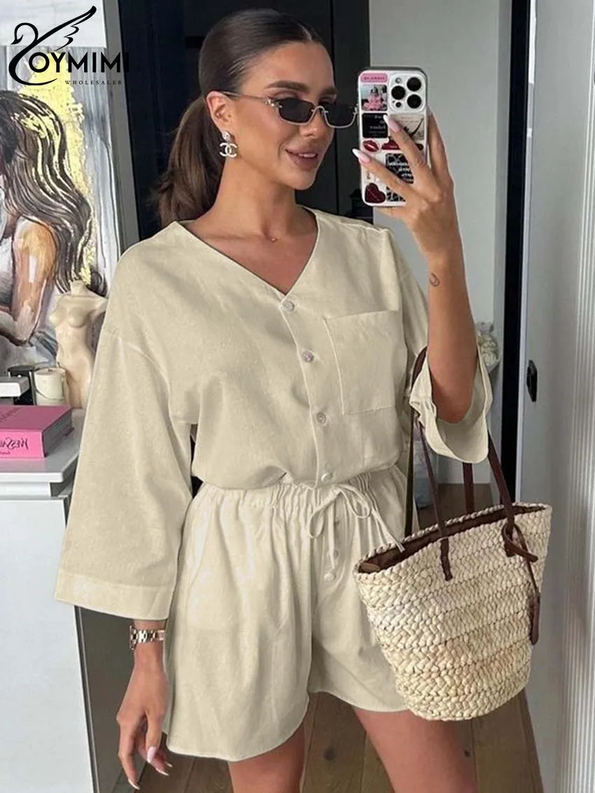 

Oymimi Casua Khaki Cotton Sets For Women 2 Pieces Elegant V-Neck Three Quarter Sleeve Pockets Shirts And Drawstring Shorts Sets