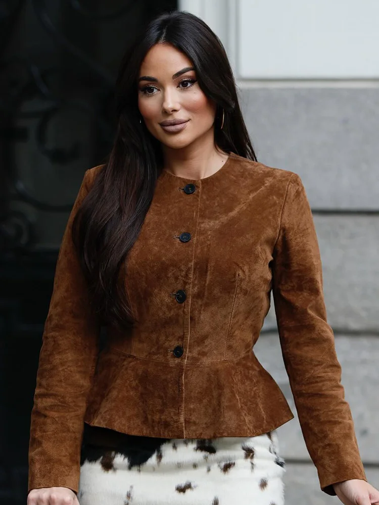 

HH женская осенняя новая модная однобортная замшевая куртка с круглым вырезом женская уличная свободная винтажная куртка с длинным рукавом