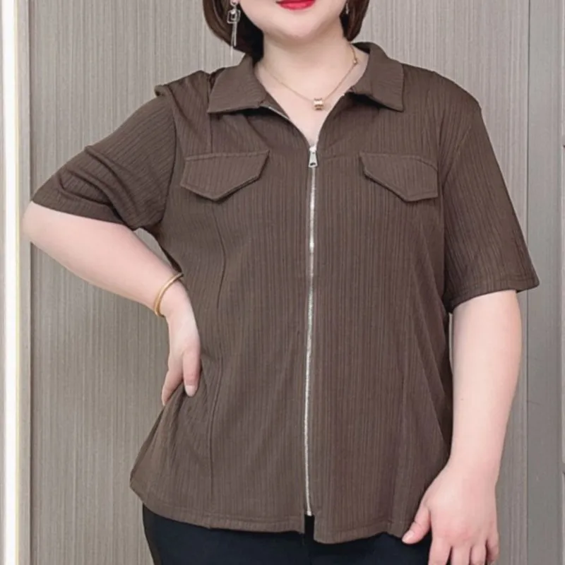 Plus Size Polo Collar Short Sleeve Shirt Women 2024 Spring Summer French Zipper Long Sleeve Top