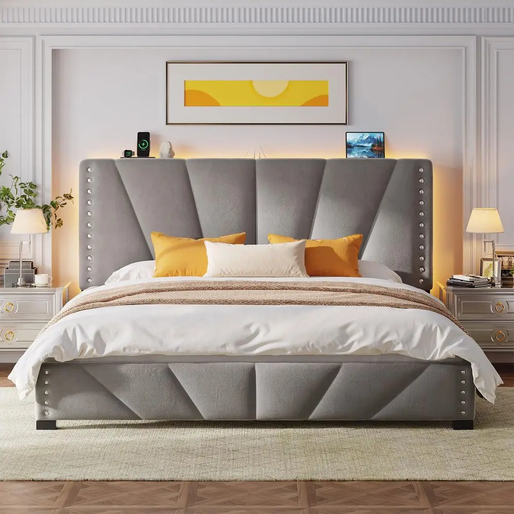 

King Size Bed Frame, Velvet King Bed Frame and Headboard with Charging Station, Led Light, Platform Bed Frame for Bedroom, Apar