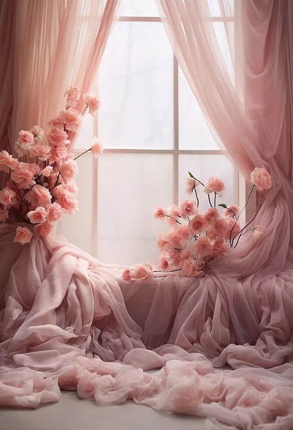 Mehofond Pink Princess Maternity Birthday Wedding Photography Backdrop Flower Window Curtain Girls Decor Photo Background Props