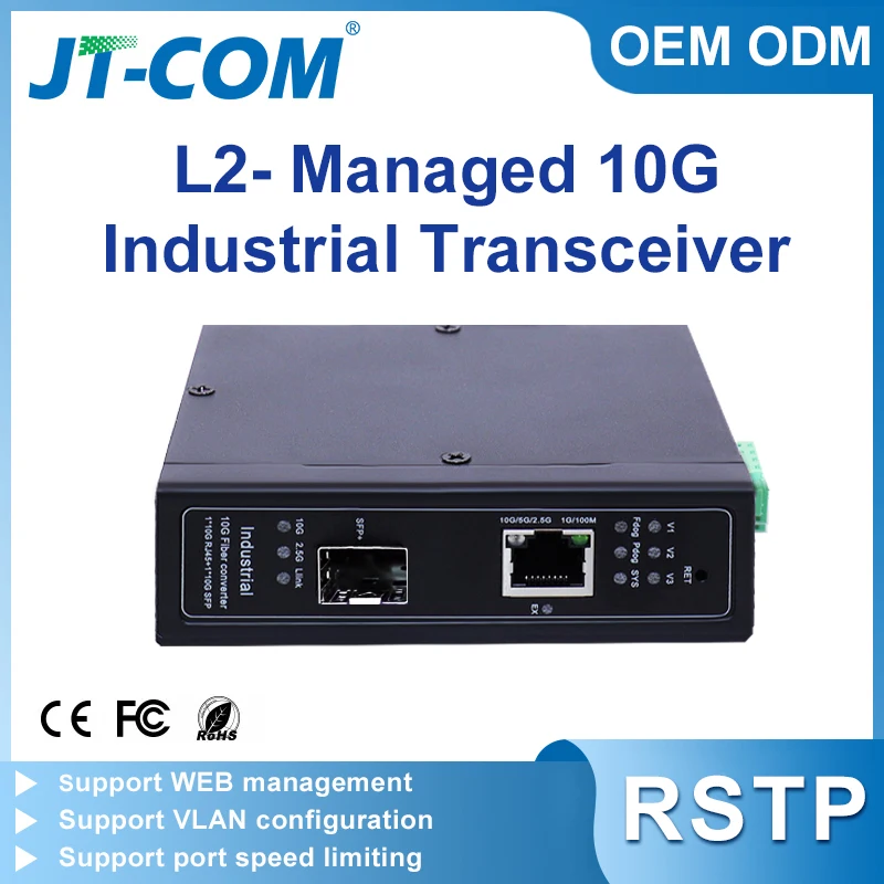 

JT-COM 10 Gigabit L2-Managed Industrial Grade Transceiver with 1* SFP+ and 1 *10g Rj45 Port Media Converter. Supports RSTP