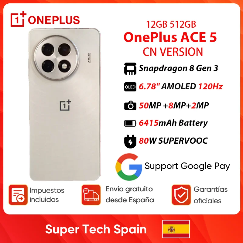 Nuovo Oneplus Ace 5 5g Smartphone 12Gb + 512Gb Snapdragon 8 Gen 3 6.78 ''Display Amoled 80W Supervooc Carica 6415Mah Batteria 50Mp Android 15.0 Ota