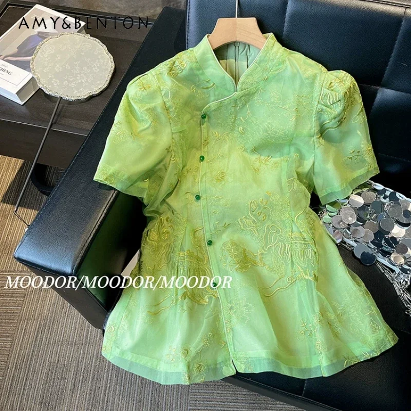 

New Chinese Style Embroidered Mesh Cinched Short-Sleeved Green Shirt For Women's 2024 Summer Chic Design Sense Short Pants Suit