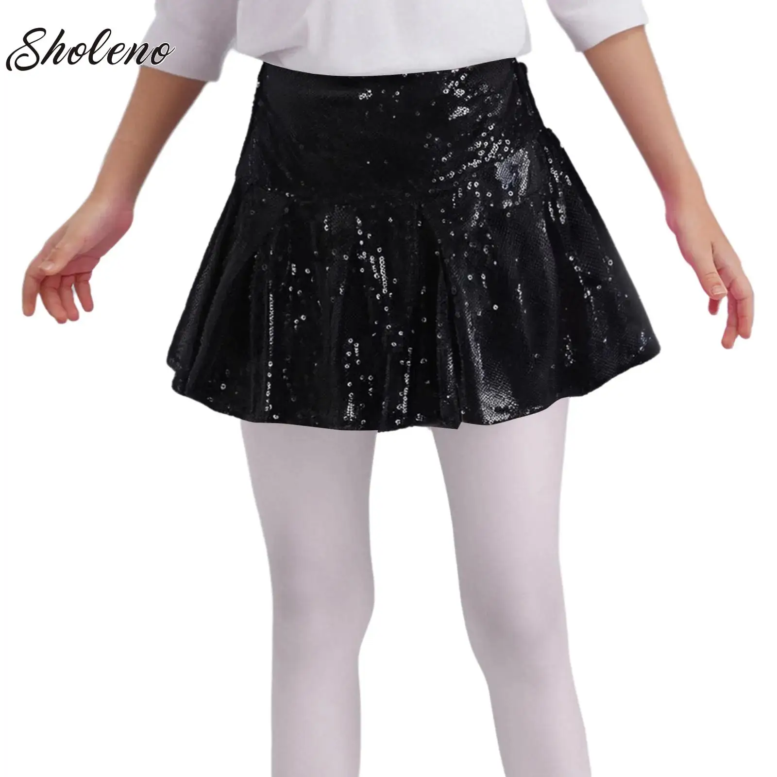 

Girls Jazz Dance Skirt Sparkling Sequins Elastic Mini Skirt Pleated Skirt Skater Skirt for Latin Jazz Ballet Dance Performance
