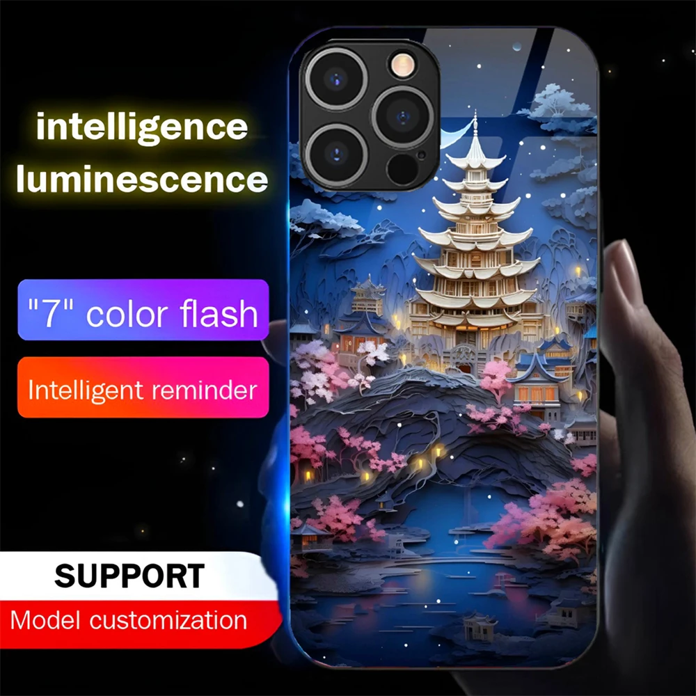 

Wonderland Landscape Luminous Phone Case LED Light Glass Shockproof Cover For iPhone 16 E 15 14 13 12 11 Pro Max X XS XR Plus SE