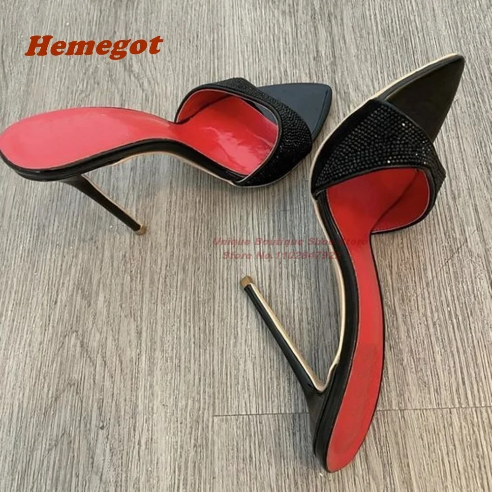 

Rhinestones Pointy Slip On Slippers Stiletto Super High Heels Black Soft Leather Party Shoes Sexy Large Size 44 Elegant Club