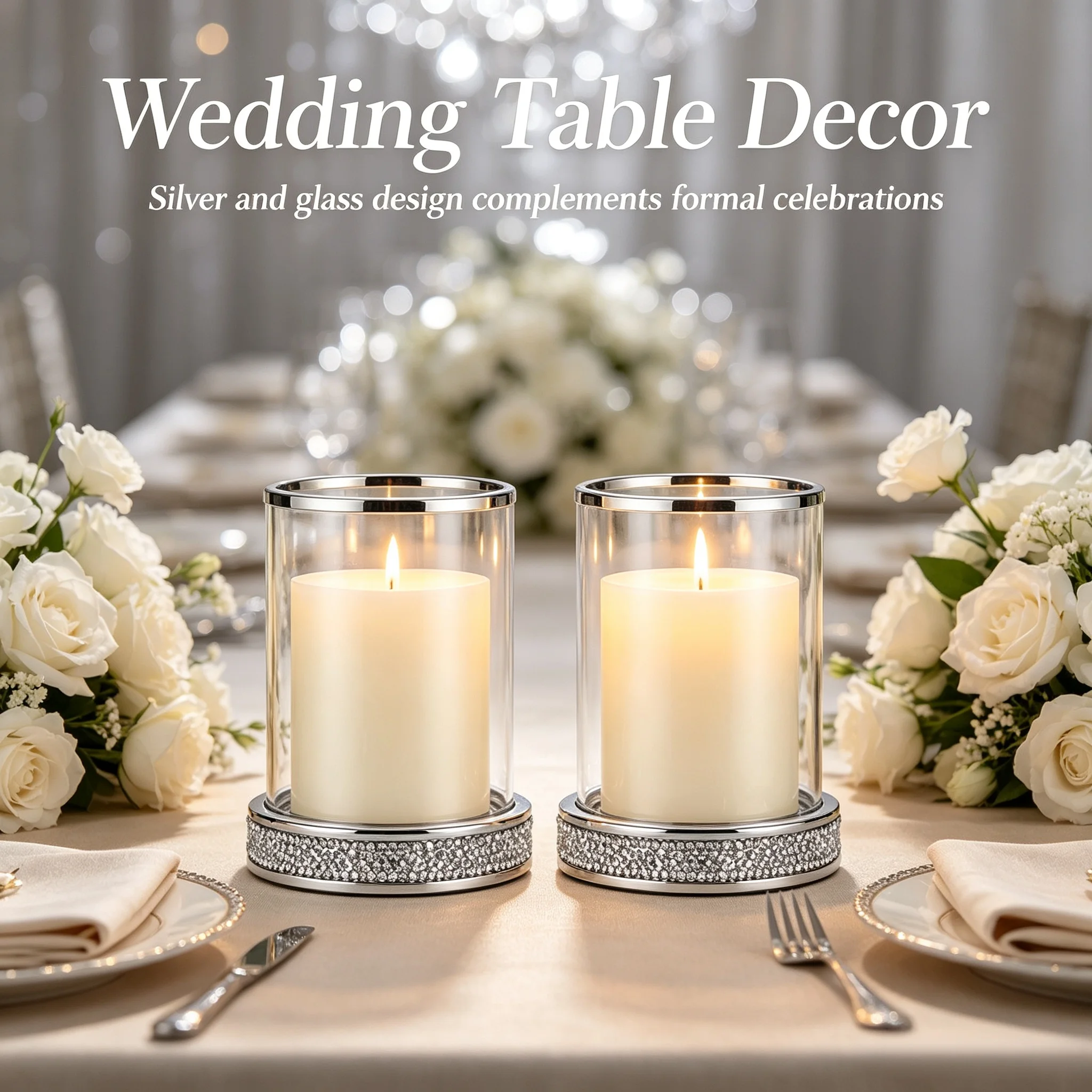Sparkling Inlaid Base Candlestick Sliver Glass Windproof Cylinder Candle Holder for Dinner Table Mantel Window Home Aesthetic De