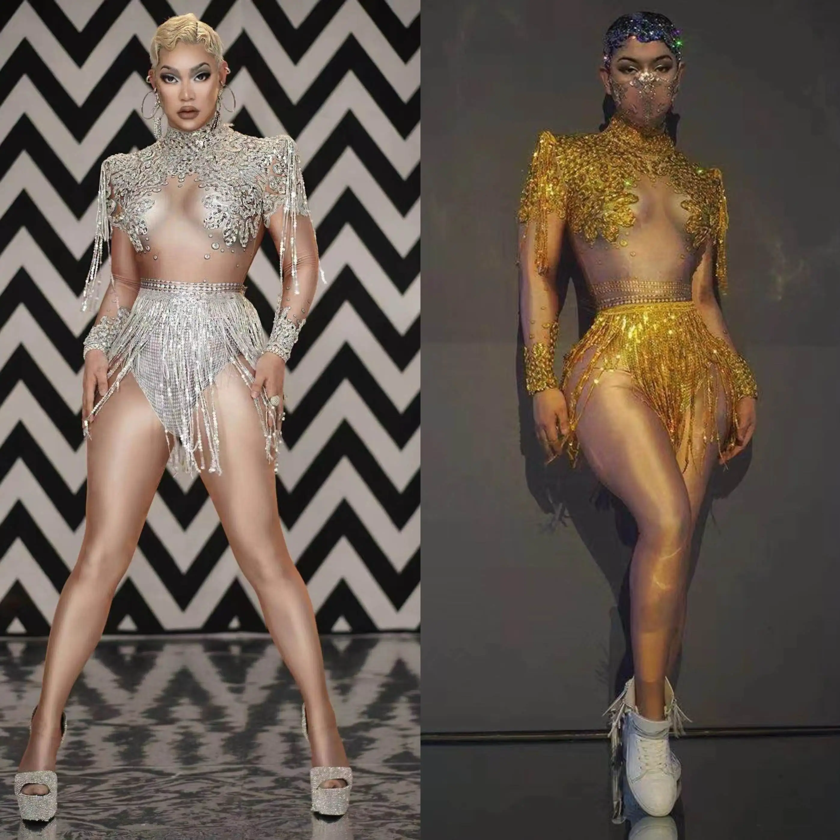 

Sexy Bodysuit Tassels Diamond Mesh Jumpsuit Nightclub Bar Dj Performance Costumes Gogo Dancers Stage Wear Party Dress DN20558