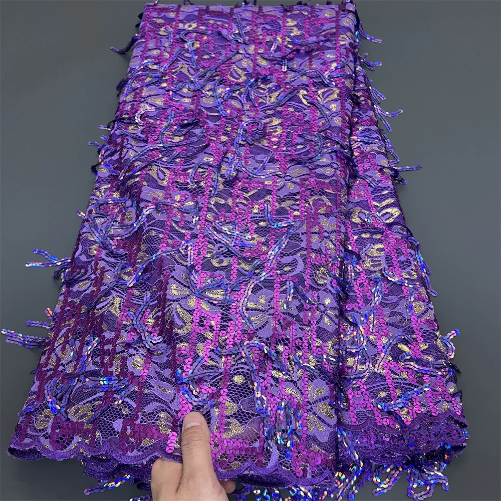 African Nigerian Guipure Embroidered Tulle Lace Fabric, Party Gown,Sequins Wedding Dress, High Quality,5Yard, Beads Stone PS0051