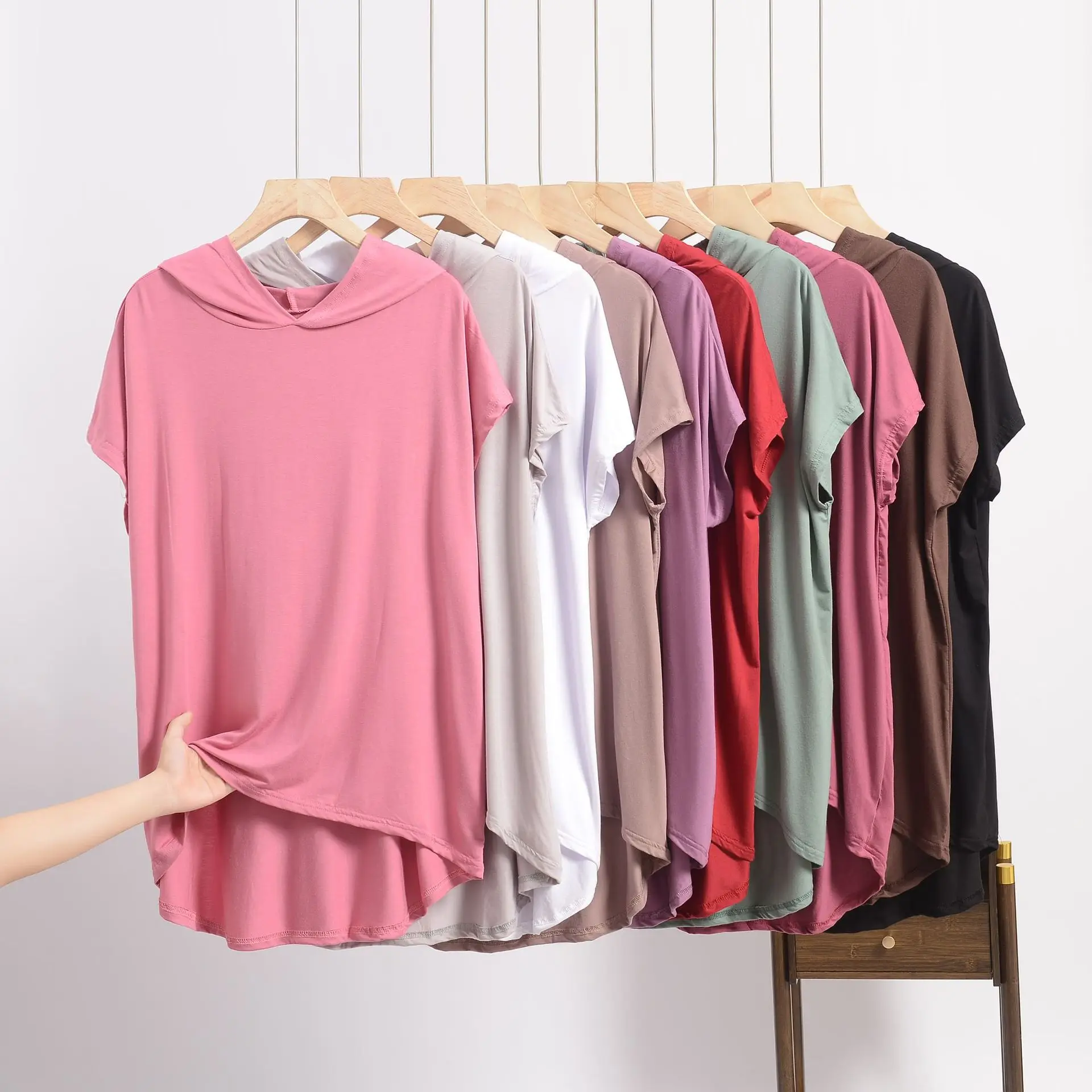 

XL to 6XL Plus size Summer Loose Hoodies women's Casual short sleeved Tshirts solid Hooded Tee Tops all match
