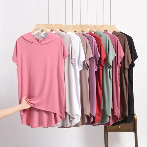 XL ~ 6XL 플러스 사이즈 여름 루즈 후드 여성 캐주얼 반팔 티셔츠 솔리드 후드 티셔츠 모든 경기