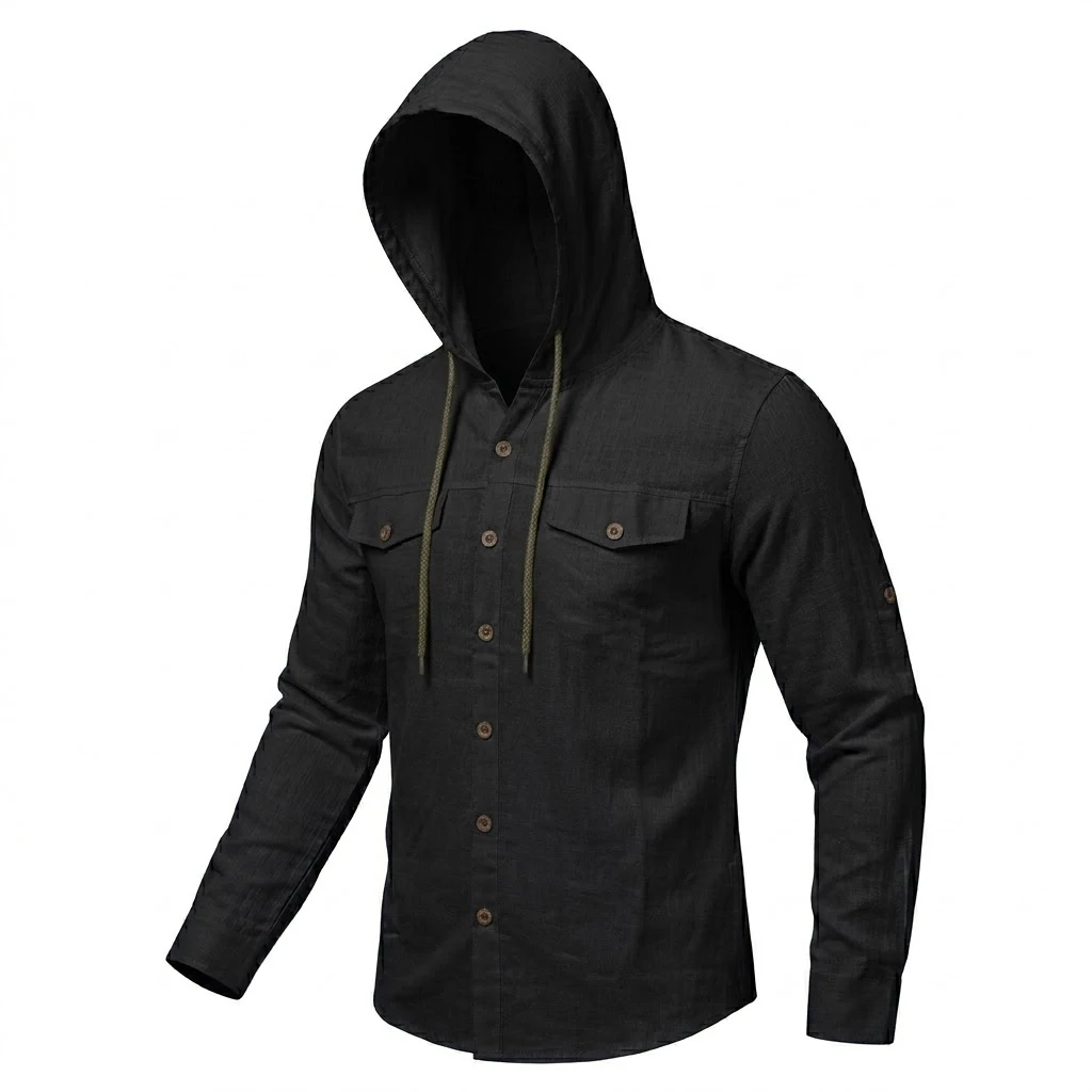New Cotton Hoodie for Men Casual Linen Shirt Long Sleeve Beach Henley Shirts Hawaiian T-Shirts Man Lightweight Hiking Tshirt Men