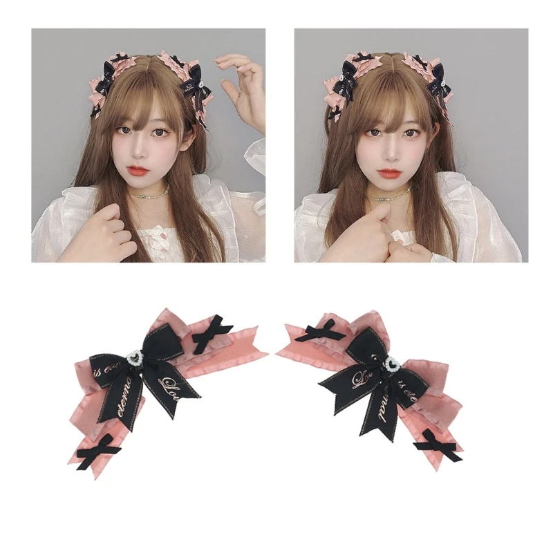 Punk Headdress Bowknot Hair Clip One Pair Barrettes Pink+Black Ribbons Drop Shipping