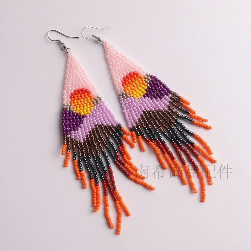Beaded earrings Tassels Landscape Sunrise Vintage Trendy Minimalist  Bohemian Handwoven Patterns Alloy Female Rice bead earrings