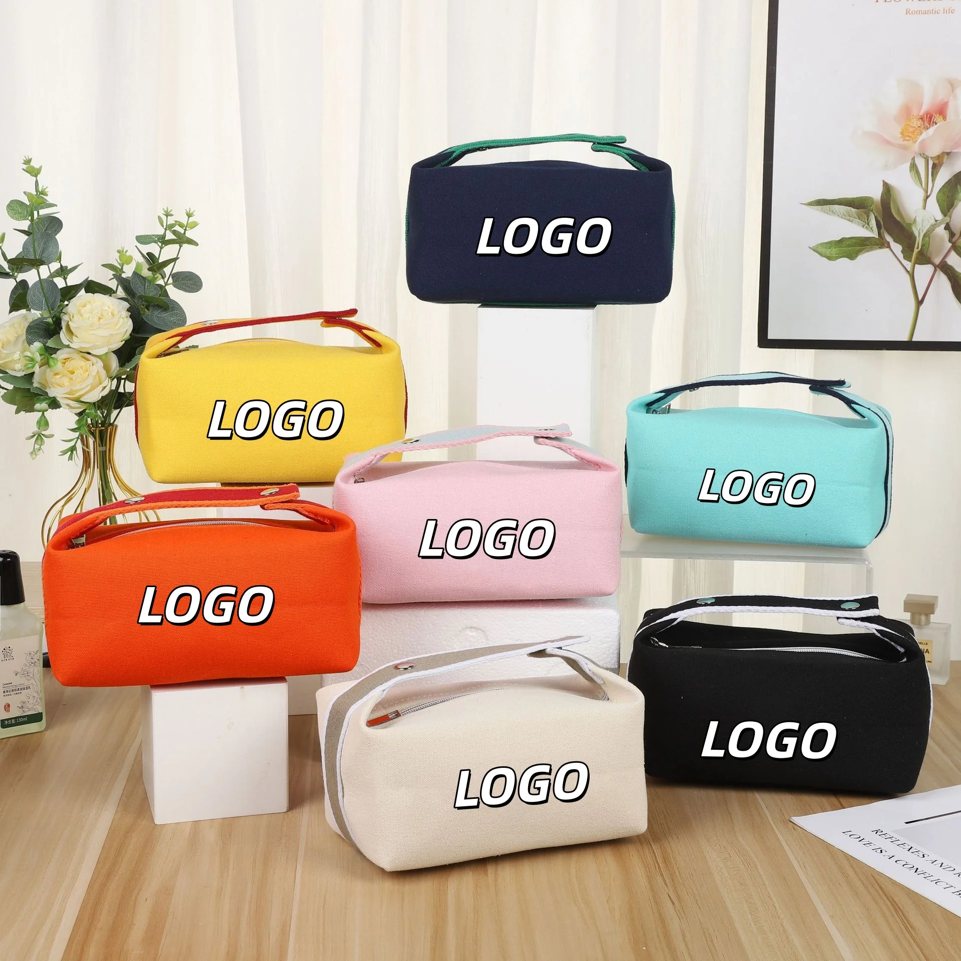 Wholesale Custom Logo Canvas Cosmetic Pouch Multi‑Colors Option Top Handle Zipper Travel Makeup Toiletry Storage Bag Custom Logo