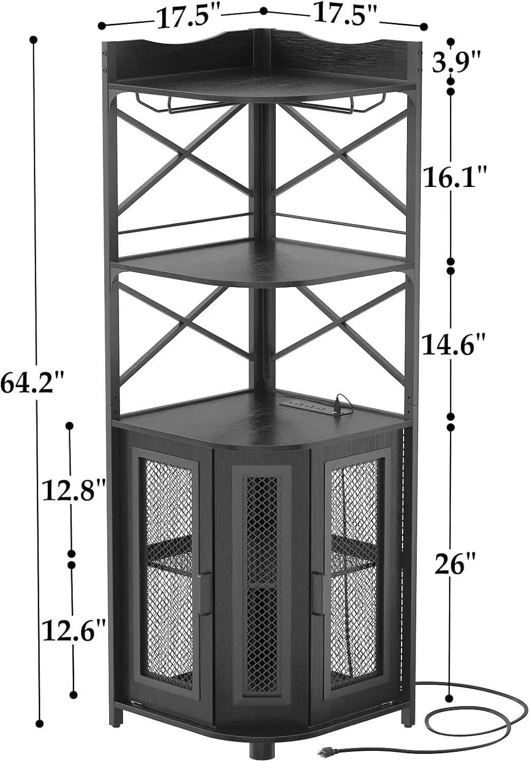 Aheaplus Corner Bar Cabinet with Power Outlet & LED Lights, 5-Tier Industrial Wine Cabinet Mini Bar Unit with Glass Holder, Corner Display Storage Cabinet for Small Space, Living Room, Kitchen