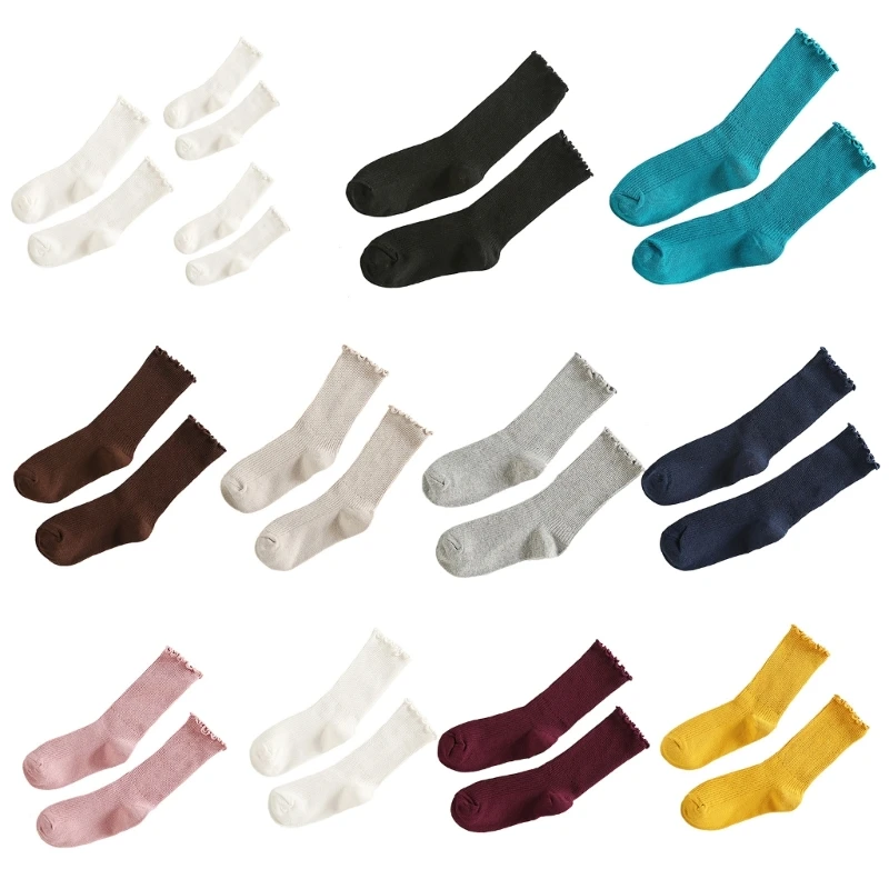 Ruffle Ankle Socks for Women Cotton Soft Solid Color Ribbed Knit Lettuce Low Cut Middle Tube Frilly Socks